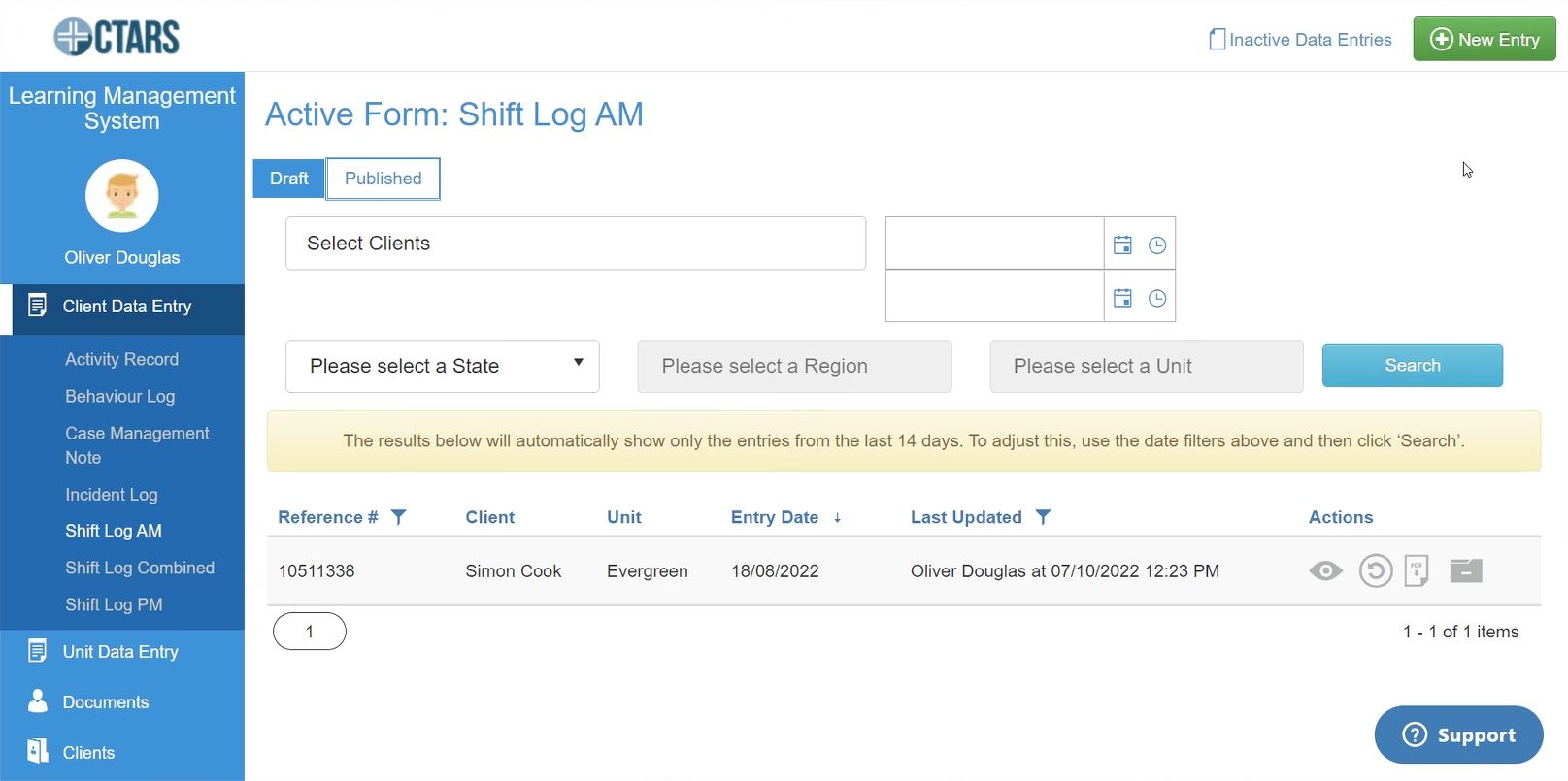 CTARS shift log dashboard used by out-of-home care teams
